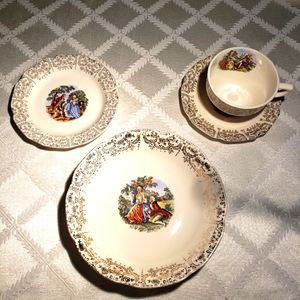 Antique 1940's  4 piece breakfast set featuring 22ktgold lace transfer.
